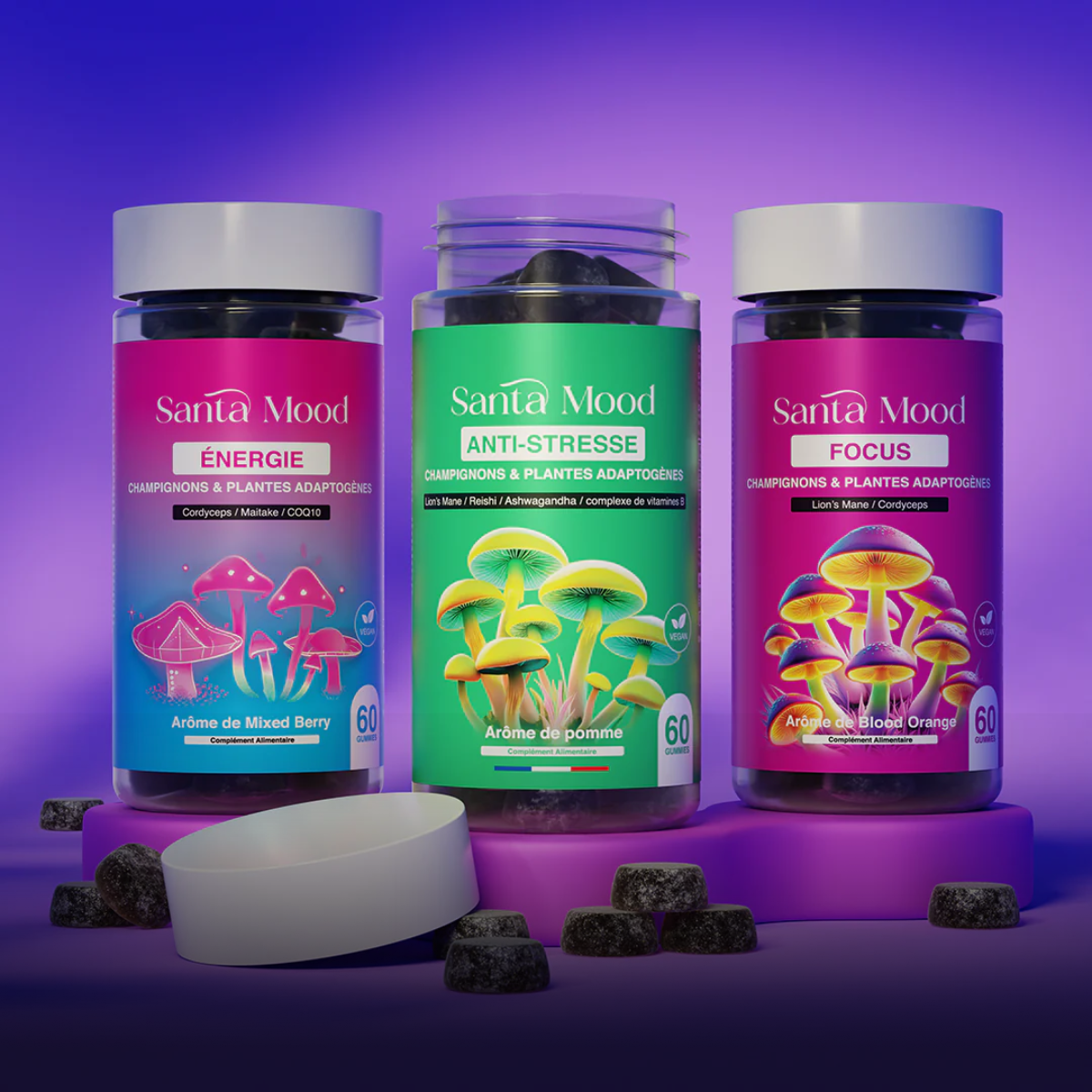 Coffret Gummies Adaptogènes Énergie & Fluidité – Énergie, Anti-Stress & Focus – 3 × 60 Gummie